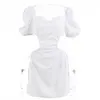 Backless Lace Up Sexig Mini Dress Kvinnor Drawstring Puff Short Sleeve Bandage Vit Svart Casual Es Vestidos Sommar 210517