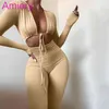 Autumn Solid Color Tight Jumpsuits Fashion Sexy Lace Up Hollow Out Long Sleeve Bodysuits For Women A001