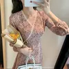 Casual Dresses Women Elegant Floral Print Dress Female Vestidoes Korean Chic Long Sleeved Lace VNeck Party Ruffled