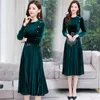 Spring Vintage Velvet Women Fall Long Sleeve O-Neck Button Slim Elegant A-Line Pleated Midi Dress With Free Belt 210416