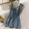 Korean bow tie strap beautiful back suspender short Dress female Vintage slim wild bag hip denim dress summer vestido 210420