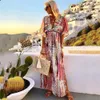 Damen Sommer Retro Bohemian Geometrisches Schlangenmuster Kleid Sexy tiefer V-Ausschnitt Kurzarm Lange Split Maxi 210517