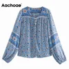 Mulheres Bohemian Floral Impresso Blusas Vintage Lantern Manga Longa Botões de Camisa Senhoras O Neck Casual Tops Blusas 210413