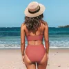 Bikini set kvinnor sommar mode sexig fast färg baklöst bh och briefs två bit baddräkt casual beachwear swimsuits 210629