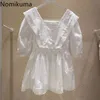 Nomikuma estilo coreano blusa mulheres slim cintura v neck slow sleeve camisas lace patchwork chique tops verão blusas mujer 210514