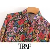 Traf Women Sexy Fashion Floral Print Butt-Up Bluses Vintage Long Sleeve See Through Female Shirts BlusaS Chic Tops 210415