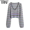 TRAF Women Fashion Color Striped Cropped Knitted Sweater Vintage V Neck Lantern Sleeve Female Pullovers Chic Tops 210415