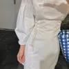 Strapless bilateral cintura cinta ombro lanterna manga longa mulheres vestido coreano mini verão para 13317 210427