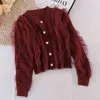 Stitching Mesh Lace Stickad Cardigan Kvinnors Höstdesign Sense Utländsk stil Nisch Sött Temperament Sweater GX1129 210507
