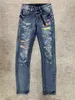 21SS Luxurys Designer Modello Hole Style Jeans da uomo Classici Designer di marca Blu Motocicletta dipinta a gamba sottile Pantaloni vintage di alta qualità Taglia 29-40