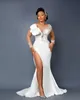 2022 Sexy Arabic Aso Ebi Mermaid Wedding Gowns Overskirts Illusion Neck Lace Crystals Pearls Side Split Detachable Train Ruffles Satin Bridal Dresses Long Sleeves