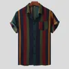 T-shirts pour hommes Casual Beach Shirt Stripe Single-Breast Hommes Manches courtes Revers Hawaiian Beachwear Top 2021