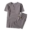 Men's Tracksuits Large Size Men Cotton Linen Set Solid Color Short-Sleeved Button T-Shirt Drawstring Shorts Casual Refreshing Masculino 2022