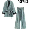 toppies Blue Printed Kimono Jacket with Feather Sleeves Wide Leg Loose Cuasal Trousers Women Vintage Clothing Suits 210928