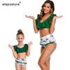 Sexy Biquíni Mulheres Swimsuit Ruffle Cintura High Swimwear Impressão Definido Mãe Filha Swimsuits Mamãe e Me Ternos Banheira 210521