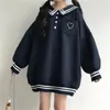 Kawaii Sweet Women Hoddies Sailor Collar Loose Japan Style Moletom Jesień Dziewczyny Drukuj Paski Kapturem 17615 210415