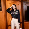 Blouse de broderie Chemise à manches longues noire Dames Top coréen brodé avec colliers Vêtements de mode d'automne 210427