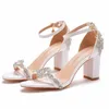 Sandales blanches cristal sexy femmes carré 7cm talons hauts boucle sangle gladiateur dames stiletto chaussures de robe de mariée