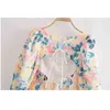 Mode Causal Floral Print Dames Crop Tops Sexy Stijl Chic Puff Sleeve Diepe V-hals Backless Summer Short Blouses 210508