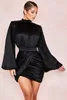 Casual Dresses Sexy Women Summer Party Club Fold Elastic Mini Dress Black High Neck Puff Sleeve Ruched Satin Bodycon Black/White