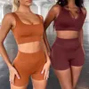 2Pcs Set Women Energy Seamless Sets Knitting Sexy Gym Sports Suit Fitness Shorts Bra Yoga Tracksuit U-neck Top 210802
