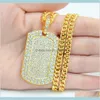 Mens smycken Vintage fylld isad Rhinestone Gold Color Charm Square Dog Tag Halsband med kubansk kedjehiphop bam2h halsband bzt9n