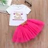 Летние младенческие Rompers Одежда с коротким рукавом о шеи писем футболка розовая юбка детские девушки костюм 1-6T 210629