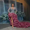African Mermaid Evening Dress Sheer Long Sleeve Sequin Prom Gowns Plus Size Ruffle Side Split Formal Party Dresses