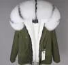 snow coats fox fur trim hoody mukla furs women parkas white rabbit fur lining grey mini jackets ykk zipper coat hood Front flapped pockets with hidden snaps