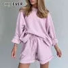 CHICEVER Casual Two Piece Set For Women O Neck Lantern Sleeve Top High Waist Lace Up Shorts Loose Set Female Style 210714