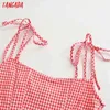 Tangada Women Sexy Red Plaid Pattern Camis Crop Top Spaghetti Strap Sleeveless Backless Short Blouses Shirts Female Tops 3H561 210609