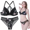New Top Sexy Women's Tong Underwear Set Printing Brassiere Women Lingerie Set Lace Push up Bra Panties Sets Deep V Gather X0526
