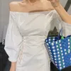 Strapless bilateral cintura cinta ombro lanterna manga longa mulheres vestido coreano mini verão para 13317 210427