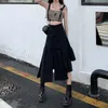 Kargo Siyah Punk Yüksek Bel Streetwear Gotik Düzensiz Bölünmüş Gevşek MIDI Etek Kore Kadınlar Harajuku Gri Pileli Etek 210421