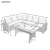 U_style Patio Furniture Set de 5 piezas Configuración al aire libre Conjunto de comedor Silla de mesa con otomano y tira almohadas Stock A00 A30