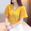 レディースブラウスシャツLjSXLSピンクホワイト黄色韓国スタイル夏ファッションシフォン女性パッチワーク半袖シャツ緩いVネックトップス20