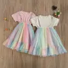 FOCUSNORM 5-11Y Summer Kids Girls Casual Dress Knit Lace Patchwork Rainbow Print Knee Length Tutu Dress Q0716