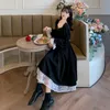 Casual Dresses Women Autumn Floral Lace Dress French Vintage Court Black Elegant Puff Sleeve Back Lace-Up Party Long Plus Size 4xl