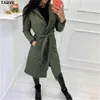 TAOVK Long straight winter coat with rhombus pattern Casual sashes women parkas Deep pockets tailored collar stylish outerwear 211008