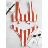 Swimwear feminino 2021 Bikini Alto cintura Tummy Control Dois Peça Swimsuit Senhoras Sexy Listrado Strappy Split