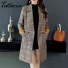 Tataria Kvinnor Vinter Woolen Coat Kvinna Tjockad Varm Mid-Long Ytterkläder Plaid Koreansk Loose Ull 210514