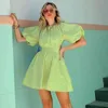 Solide grüne Sommerkleid Frauen Party Club aushöhlen Taille Mini Sommerkleid kurze schicke Boho Strand Stil Vestido Baumwolle 210427