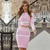 Summer Pink Bandage Sets Sexy Women 2 Two Pieces Set Striped Hollow Out Club Celebrity Party Dress Vestidos 210423