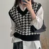 Vintage Houndstooth Stickad Sweater Vest Kvinnor Ärmlös V-Neck Tops Korean Fashion Ladies Pullover Höst 210513