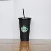 Starbucks 24 oz / 710 ml Plastik Tumbler Kullanımlık Siyah İçme Düz Alt Kupası Sütun Şekli Kapak Saman Kupa Tumblers DHL