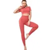 Yellow Women's Sportswear Yoga Set Workout Clothes Athletic Wear Gym Legging SeamlFitnCrop Top Short Sleeve Yoga Suit X0629