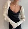 Стильная полосатая линия ребра вязальное платок свитер обрезанные женщины кардиган с длинным рукавом шарф стритвана осень зима 210917