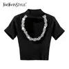 TwotwinStyle вязаный лоскутный бриллиант футболка для женщин водолазка с коротким рукавом тонкий футболки женские мода одежда 210517