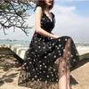 PERHAPS U Lace Up Strap Mesh Bling Sequined Star Sleeveless Black Champagne Women Midi Dress V Neck Mid-calf Fit And Flare D0910 210529
