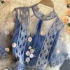 SINGREINY High Quality Mesh Embroidery Flower Dress Women O Neck Short Sleeve A-line Dress Summer Elegant Streetwear Midi Dress 210419